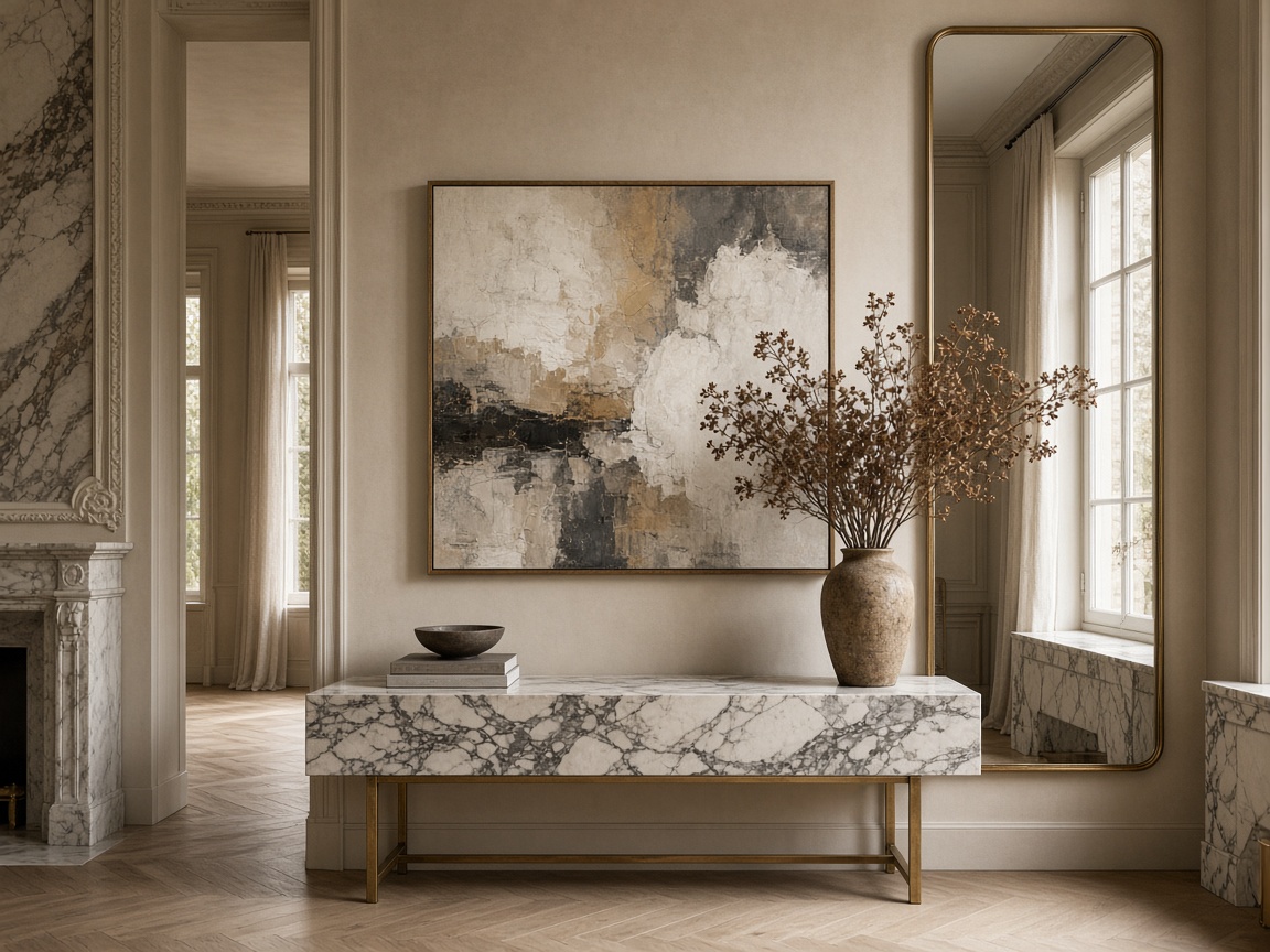 Atelier-Konsole mit Kunst, Spiegel und Keramikvase