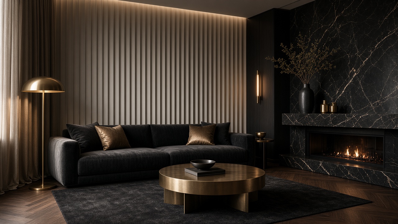 Luxuriöses Wohnzimmer mit Samtsofa, Marmor und Abendlicht