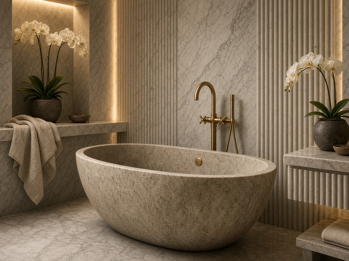 Spa-Bad mit freistehender Wanne und Messingarmaturen