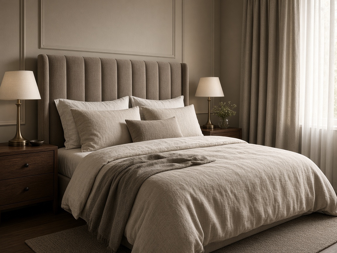 Schlafzimmer mit Samtkopfteil und Leinenbettwäsche