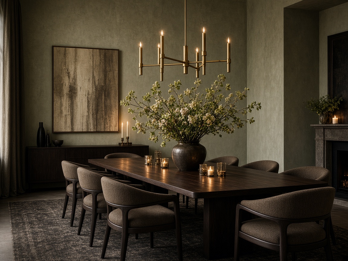 Esszimmer mit langem Holztisch und Blumenarrangement