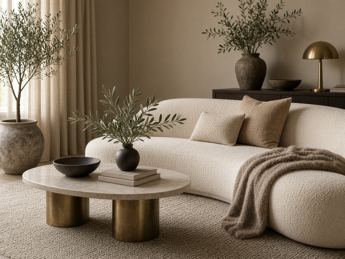 Wohnzimmer mit geschwungenem Sofa und Olivenzweigen